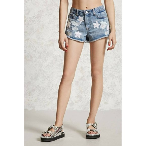 Forever 21 Size M Raw Hem Ripped Sequin Stars Denim Boyfriend Shorts - Picture 1 of 8
